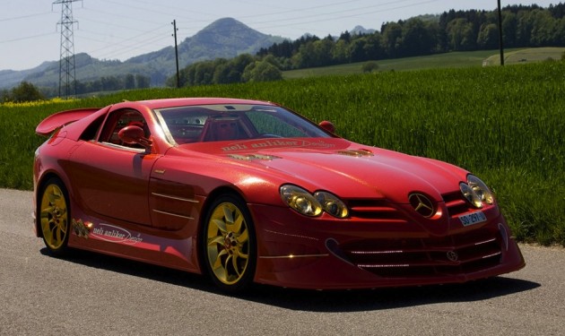 top flamboyant cars Gold and red Mercedes SLR McLaren