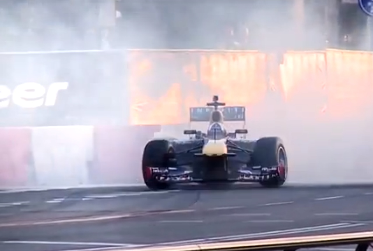 David Coulthard drives the streets of Assen in Red Bull F1 car