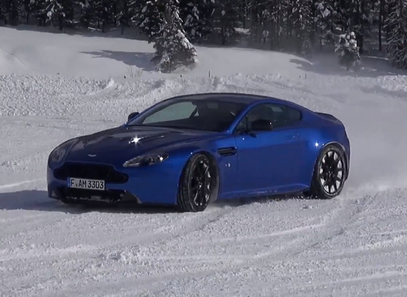 Aston Martin V12 Vantage drifting in the snow