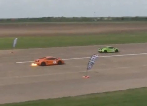 Two 1800hp Lamborghini Gallardos race, one catches fire