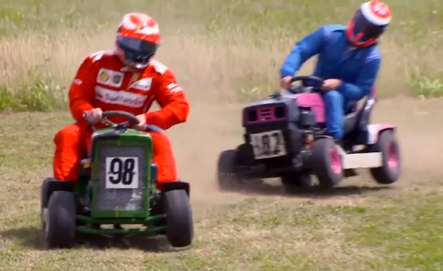 Kimi Raikkonen participates in a ride-on lawn mower race