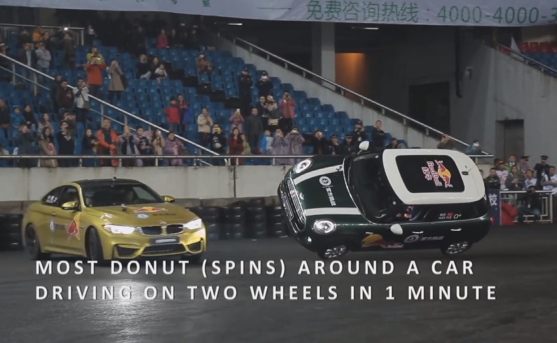 BMW M4 sets record for most donuts around car on two wheels