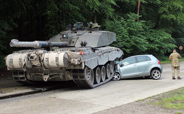 Learner driver learns harsh lesson: tank vs car – tank will win