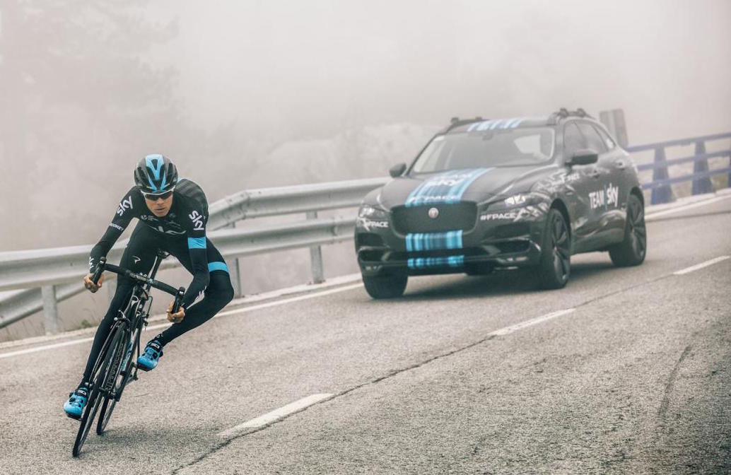 Jaguar F-Pace prototype being used as support car in Tour de France