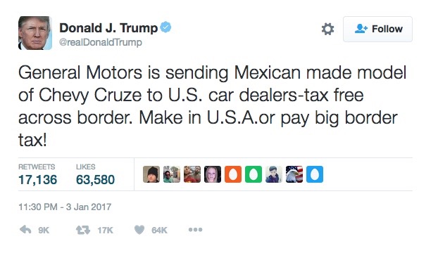 Trump warns GM via Twitter, Cruze production to remain in U.S.