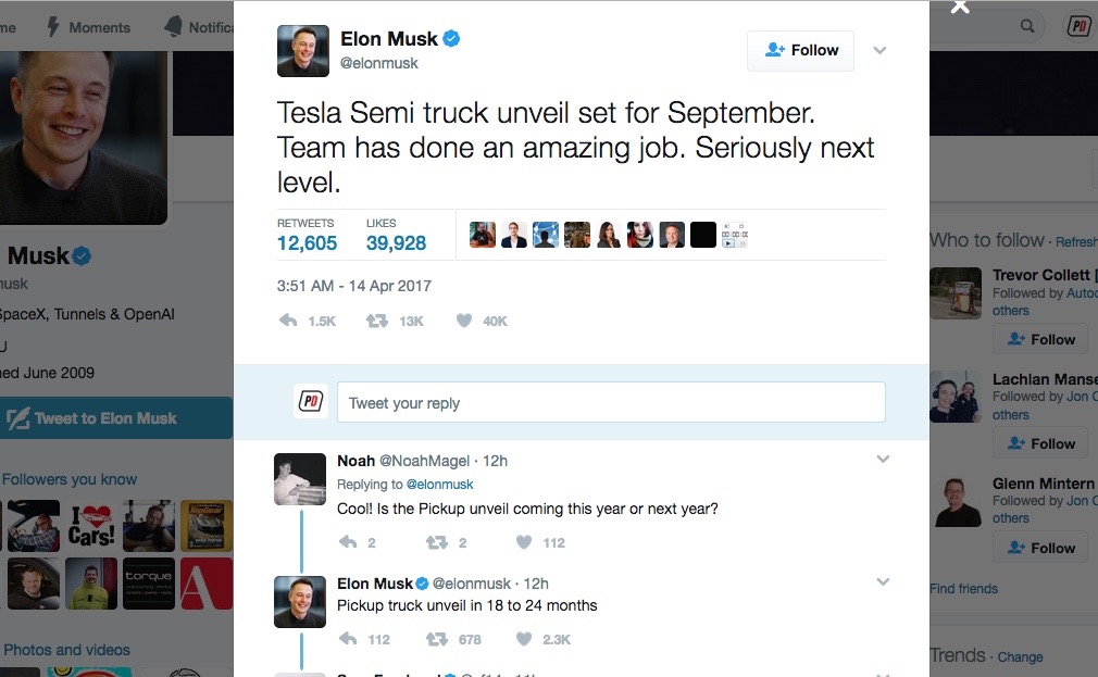 Elon Musk confirms Tesla truck debut in September