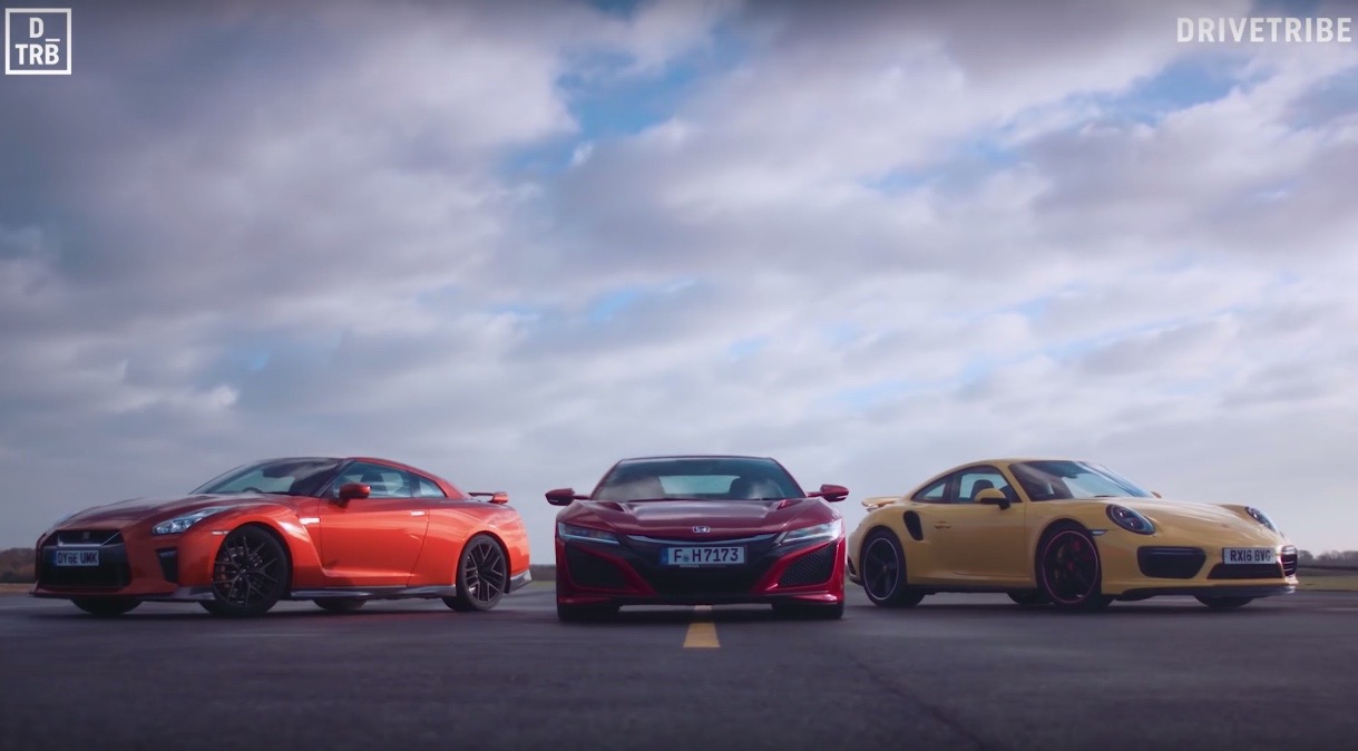 Honda NSX vs Nissan GT-R vs Porsche 911 Turbo: mega race (video)